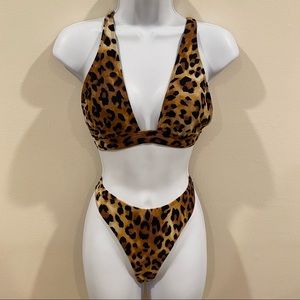 Leopard Print Cross Back Bikini Set - Brown/ Black